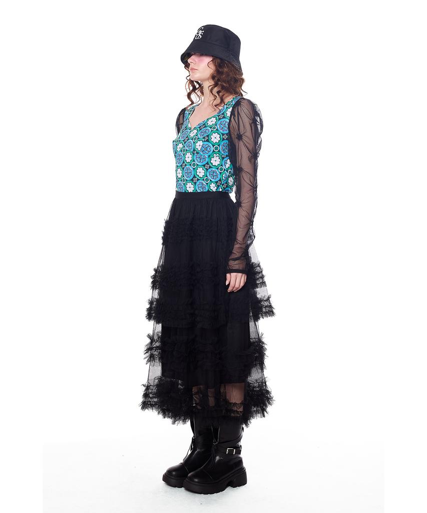 Greedius Sheer Lace Tiered Ruffle Mid Skirt