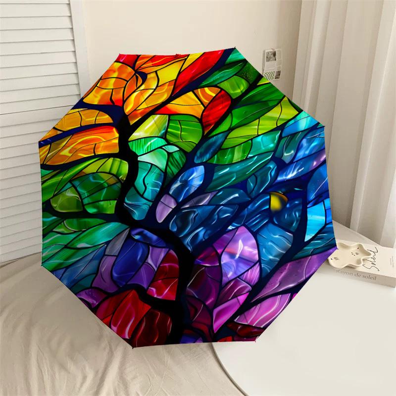 

1PC Stained Glass TreeAutomatic Open/Close Umbrella with Windproof, 8-Rib Sturdy Canopy, Durable Ribs, Fashionable Design1208A