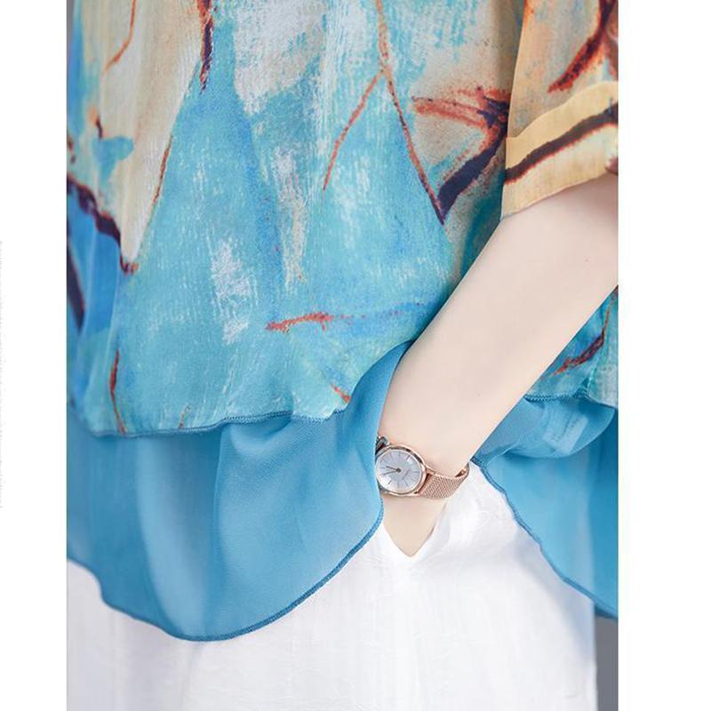 Women Spring Summer Style Chiffon Blouses Shirts Lady Casual Three Quartz Sleeve O-Neck Printed Loose Blusas Tops