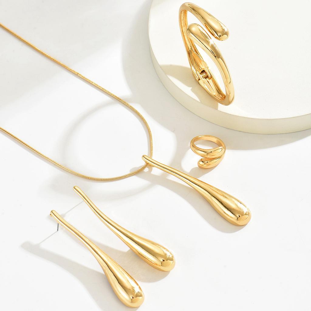 Women's Jewelry Necklace Set Geometric Water Drop Design Glossy Bracelet Ring Premium Earrings Women