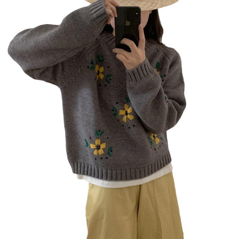 Autumn/Winter Yellow Floral 3D Embroidered Pullover Sweater - Women’s Lazy Style Knitwear
