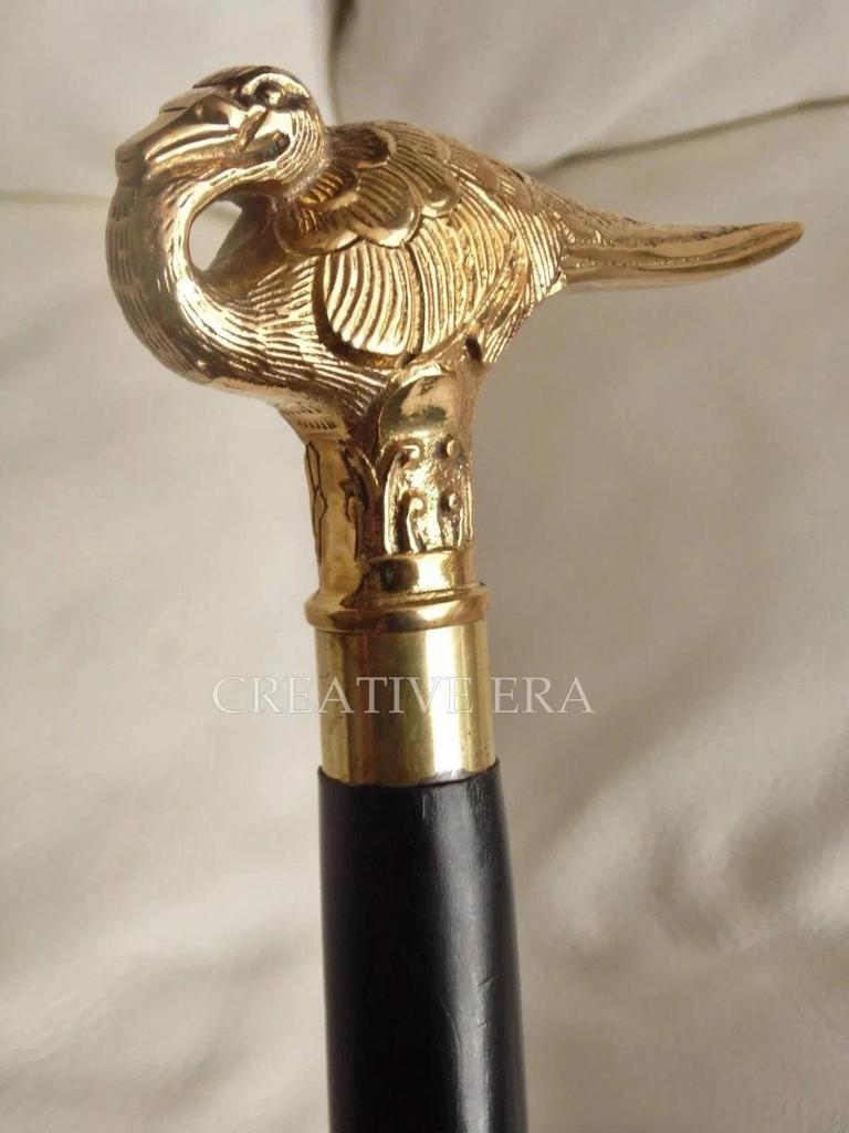 Antique Victorian Style Black Wood Walking Stick Cane Brass Handle Vintage Style