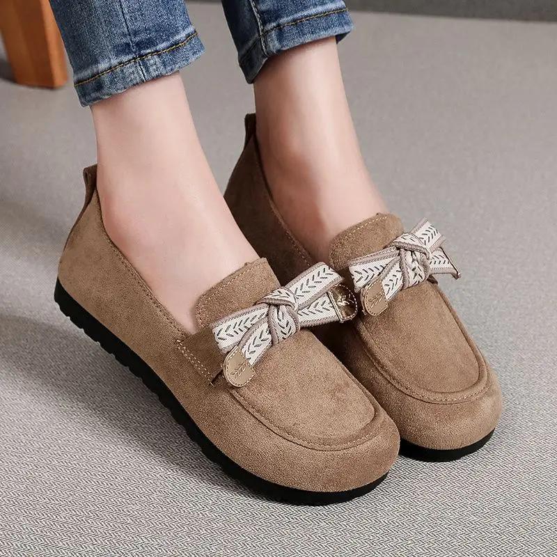 Fashion Slip-on Elegant Party With Heel Khaki Bow Women's Flat Shoes Spring Young Beau Today Discount Lastest Casual Non Ladies Footwear