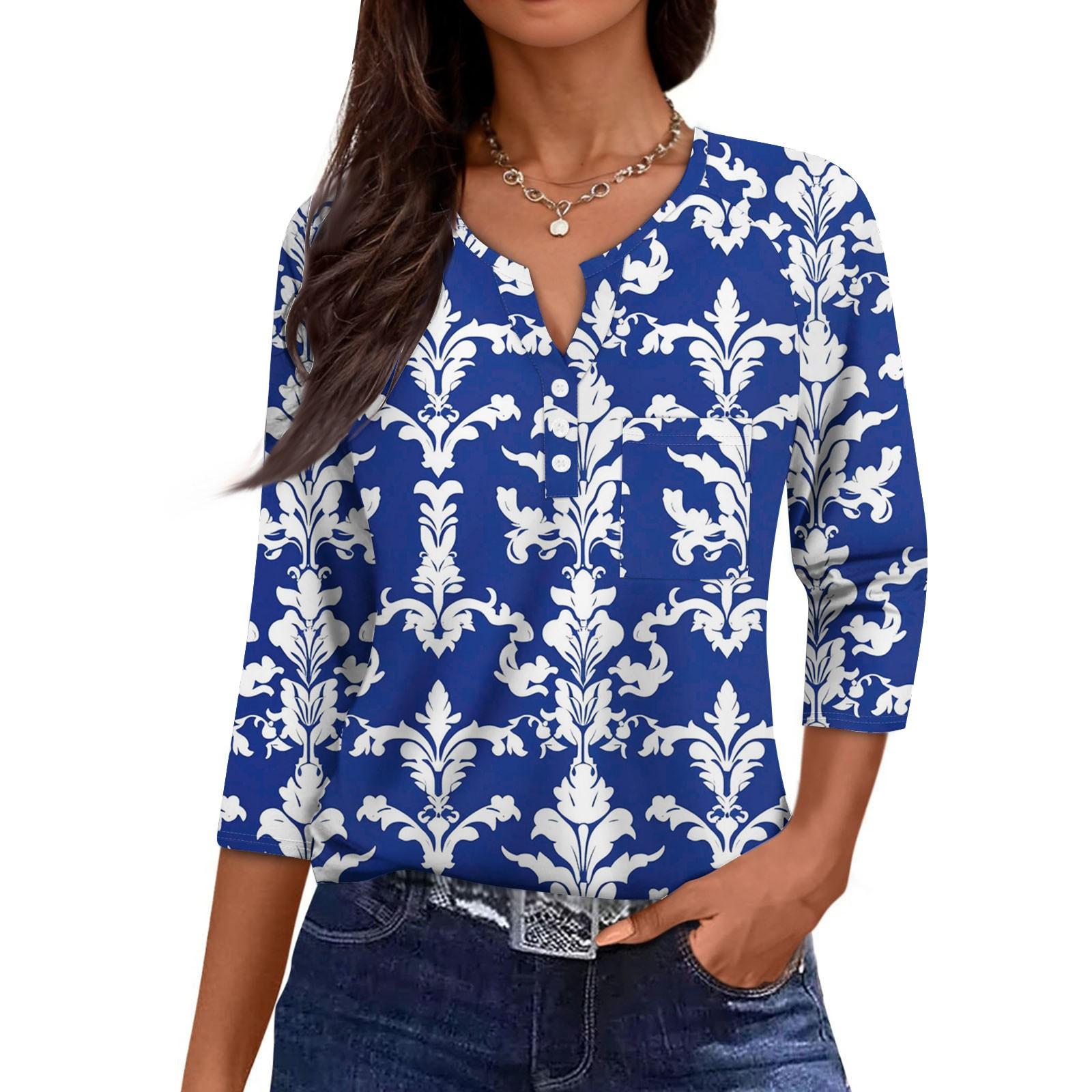 

Женская повседневная мода V-образный вырез свободный универсальный цветочный принт рукава три четверти XXL