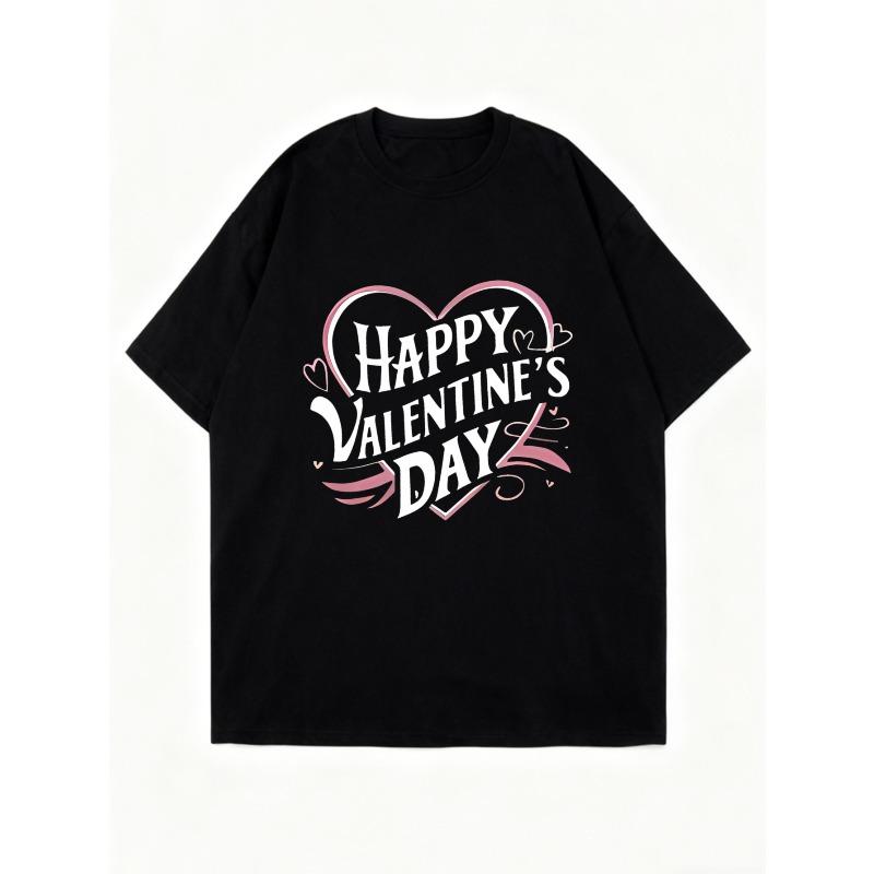 Black Oversized T-Shirt Happy Valentines Day Heart Print For Valentine's Day Celebration