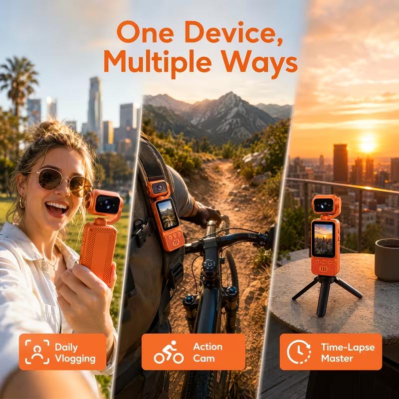 180° Rotating‑Lens Pocket Camera, Portable Handheld Camera with Image Stabilization for Outdoor Vlogging Cycling Hiking