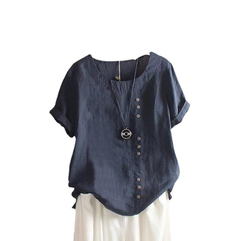 Damen Sommer 2025 Baumwolle Leinen Rundhals Locker Lässiges Hemd