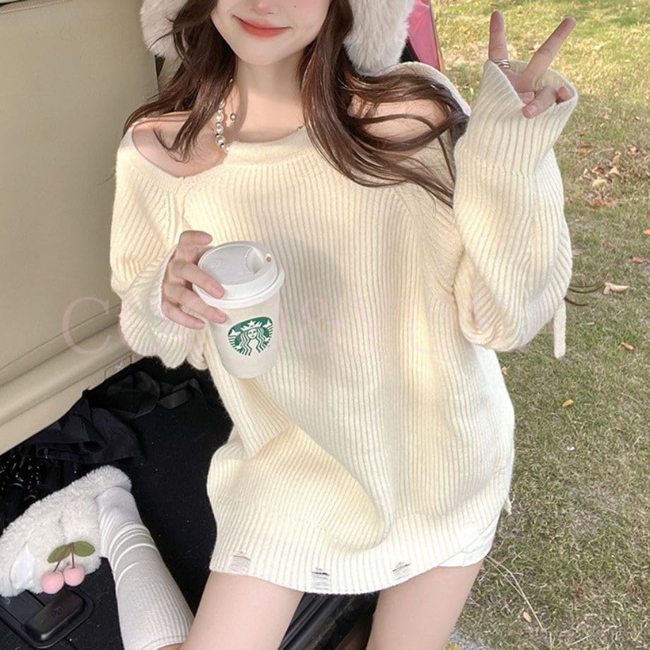 Coco Yuka Knit Sweater Mini Long Loose Sexy Tunic Solid Pearl Detail Size & Off-the-Shoulder Dress, Sleeves, Fit, Dress, Off-the-Shoulder, Cute,