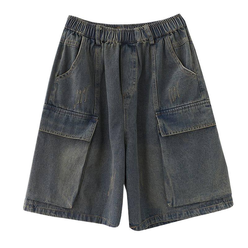 Plus-Size Women's High-Waist Retro Denim Shorts - Distressed, Washed, Wide-Leg, Five-Point, Versatile Summer Wear