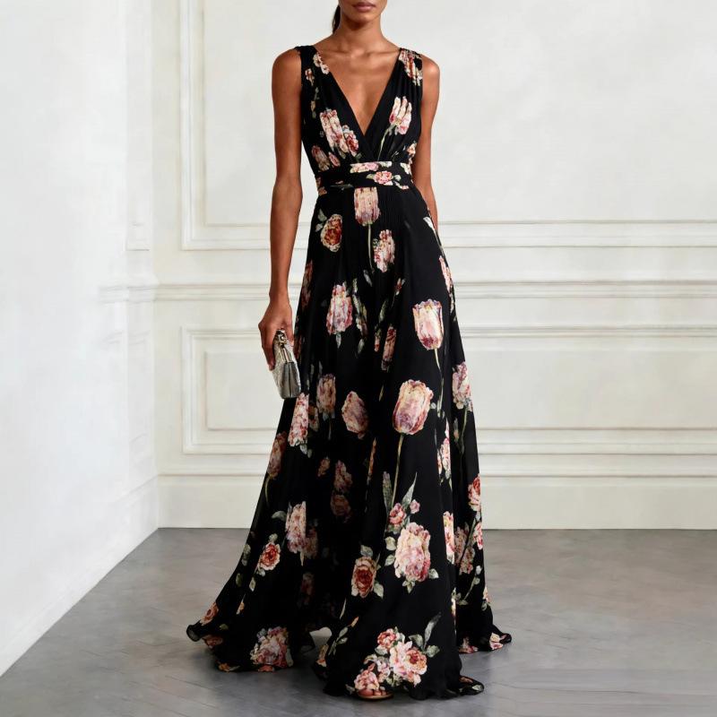 2026 summer new French V-neck light blue tulip print sleeveless long dress