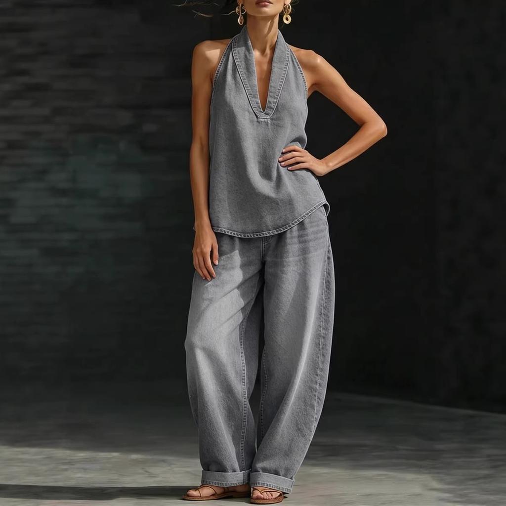 Retro American Wear Personalized Imitation Denim Top Loose Wide-leg Jeans Women's European and American Style Two-piece Set