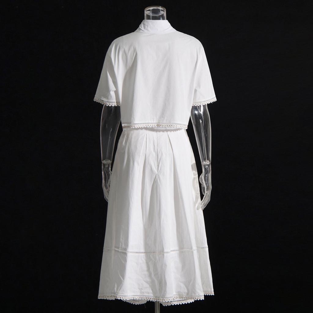 Spring Ladies Lapel Short Sleeve Shirt High Waist Midi Skirt Lace Embroidery Two Piece Suit