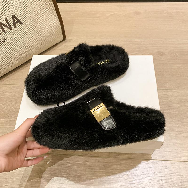 

Слипперы с плоской подошвой и пушистой отделкой из норки для женщин, для ношения на улице, новинка 2025 года, осень-зима, высококачественные слипперы из хлопка с плюшем 40 чёрный