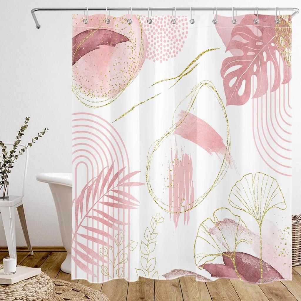 Pink Abstract Geometric Shower Curtain for Bathroom, Pink and Gold Leaf Boho Plant Shower Curtain with Hooks Modern Aesthetic