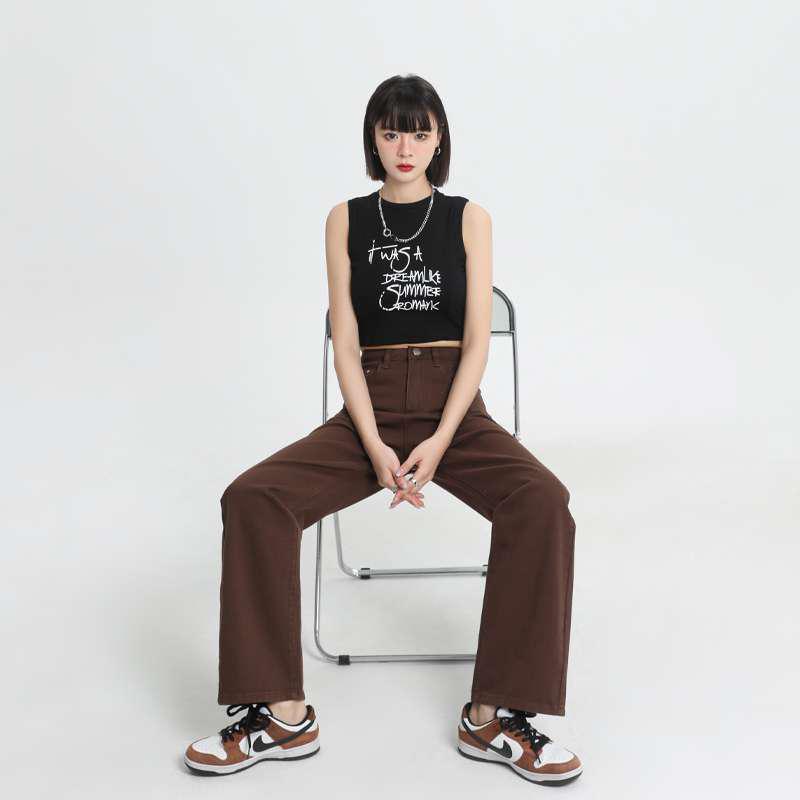 Summer Brown Wide-Leg Floor-Length Denim Jeans - Soft High-Street Straight-Leg Pants