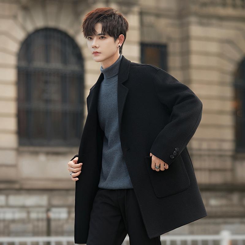 

Осенне-зимнее мужское двухстороннее шерстяное пальто средней и длинной длины, корейская версия молодежного утолщенного тренча из кашемира 3XL чёрный