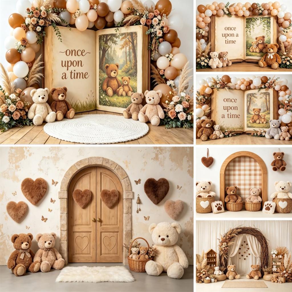 Yeele Teddy Bear Photography Backdrop Boho Grey Balloons Arch Fairy Tale Book Banner Kids Birthday Party Decor Photo Background