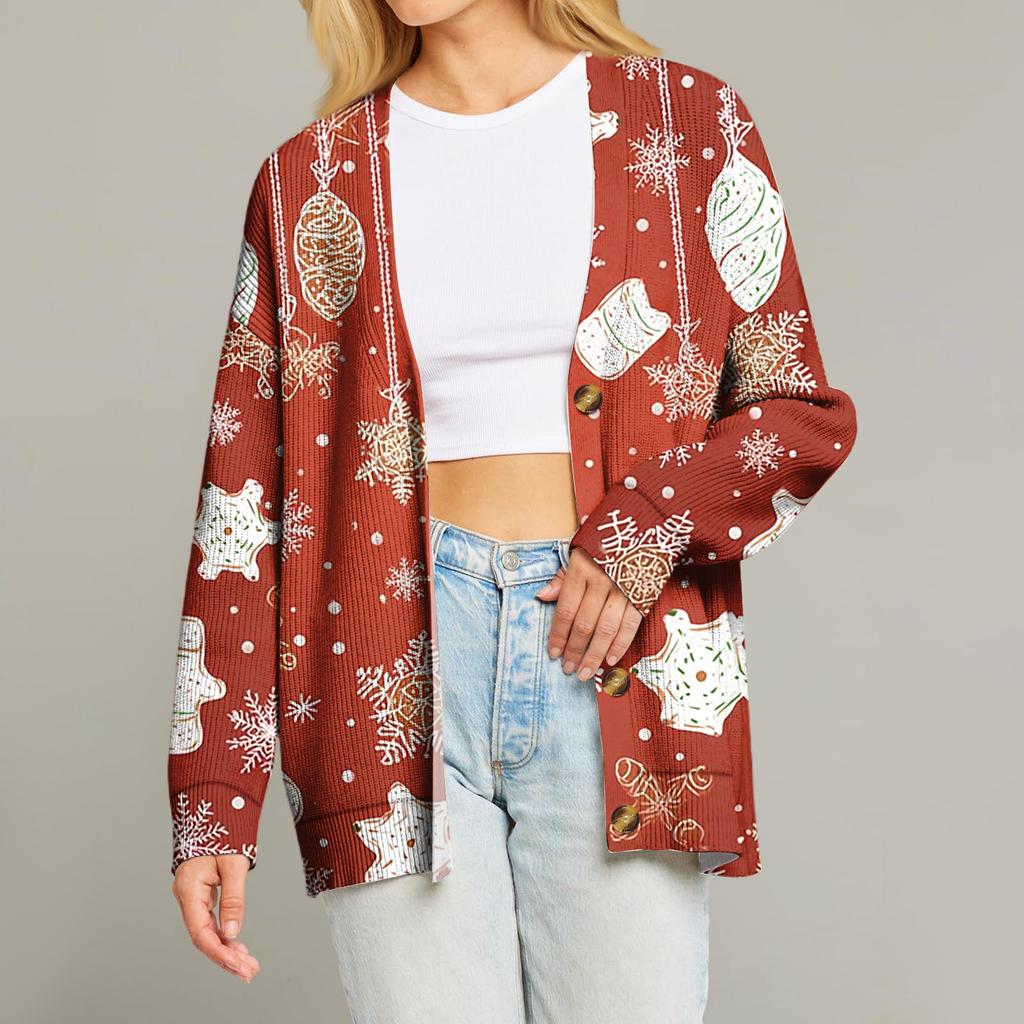 Women's Fashion Loose Knit Long Sleeve Christmas Print V-Neck Button Cardigan