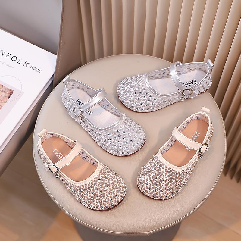 2025 summer children's half sandals rhinestone beautiful hollow small leather shoes girls princess shoes soft sole comfortable ladyshoes