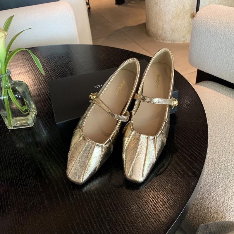 Temperament small square head pleated word with shallow mouth Mary Jane bag head half slippers female summer