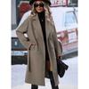 2025 Autumn Winter Women's Double-Breasted Wool Blend Trench Coat, Belted Waist Elegant Overcoat with Notched Lapel, Classic Office Chic Outerwear