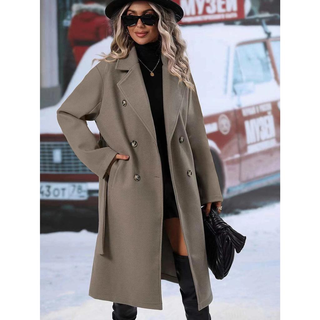 2025 Autumn Winter Women's Double-Breasted Wool Blend Trench Coat, Belted Waist Elegant Overcoat with Notched Lapel, Classic Office Chic Outerwear
