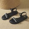 Fashion Pearl Rivets Flat Sandals Women Ankle Strap Gladiator Sandalias Narrow Band Summer Beach Shoes Sandalias De Mujer Verano 2025
