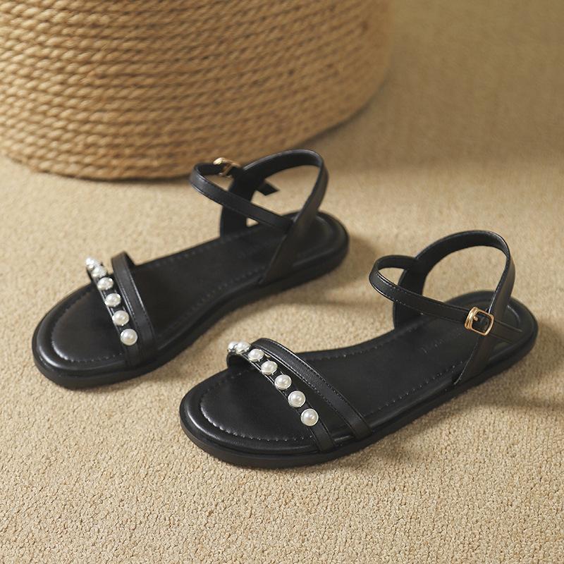 Fashion Pearl Rivets Flat Sandals Women Ankle Strap Gladiator Sandalias Narrow Band Summer Beach Shoes Sandalias De Mujer Verano 2025