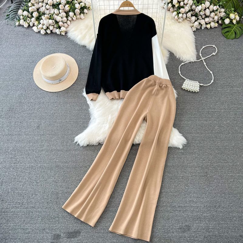 Fashion Suit for Women, Like Long-sleeved V-neck Single-breasted Knitted Jacquard Jacket, Two-piece Set of High-waisted and Thin Wide-leg Pants.