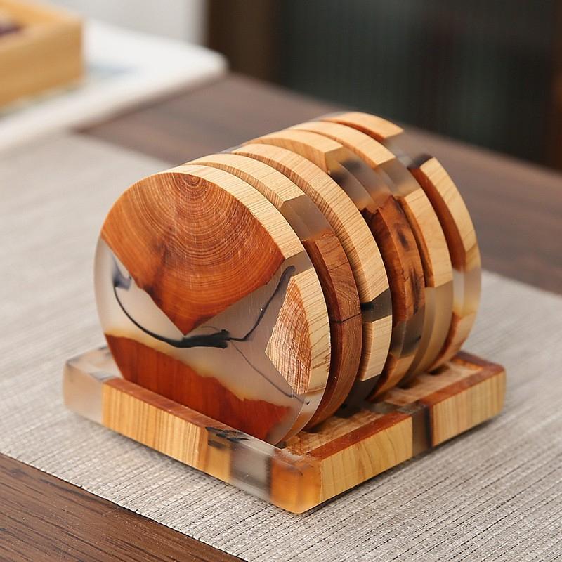 6Pcs Heat Insulation Wooden Resin Cup Pads with Base Traditional Chinese Ink Painting Tea Coaster Set KongFu Tea Accessories