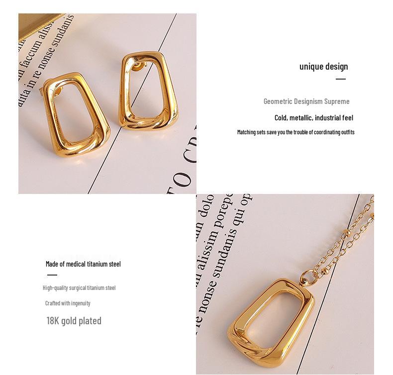 Marka French Geometric Square Necklace & Clavicle Chain Set with 18k Gold Titanium Steel Earrings Studs