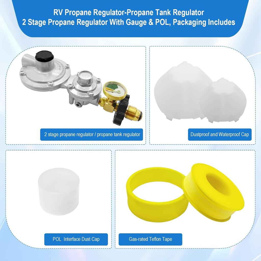 Propane Tank Adapter 2 Stage Propane Regulator With Gauge & POL,Rv Propane Regulator 3/8" NPT For 20–100Lb Tank,Propane Tank Regulator For