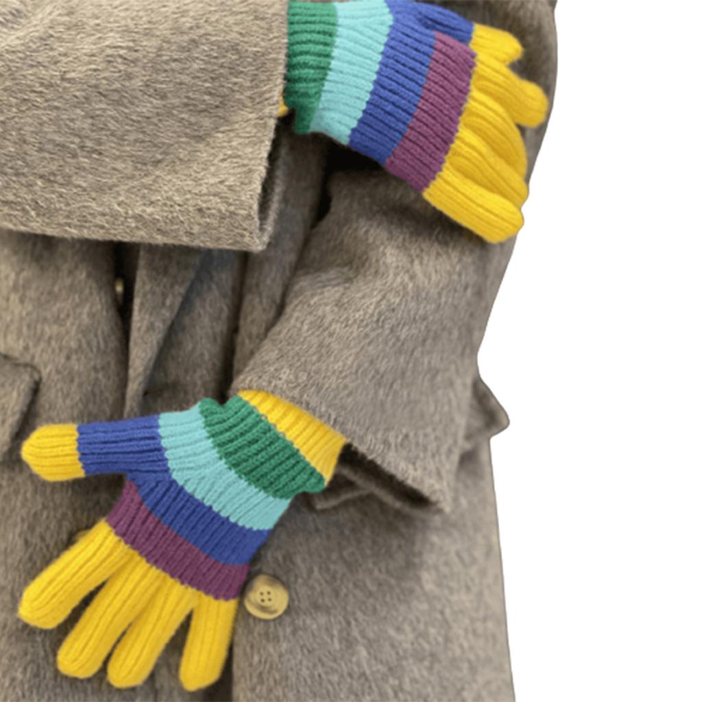Rainbow Color Striped Knitted Gloves Winter Full Finger Mitten Thicken Warm Christmas Harajuku Gloves for Girlfriend