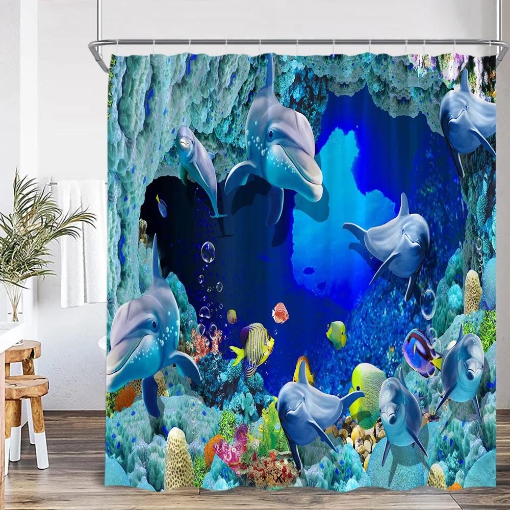 Sea Animals Shower Curtain 3D Dolphin Turtle Octopus Jellyfish Undersea World Bathroom Decoration Kids Polyester Bathtub Curtain