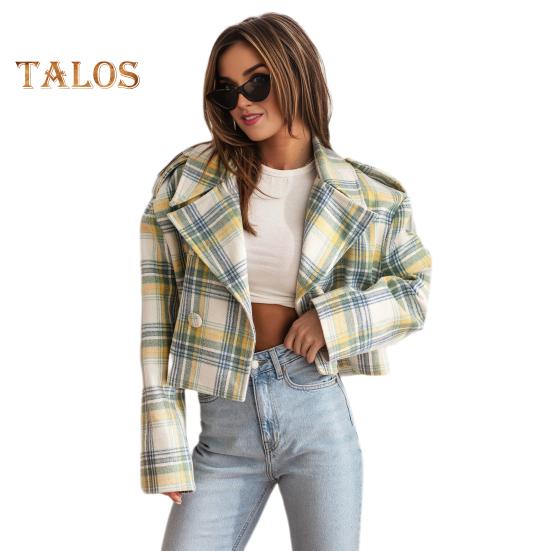 Herbst Winter Damen Jacke Umlegekragen Karomuster Lange Ärmel Locker Cardigan Knopfdekor Englischer Stil Kurzer Typ Oberbekleidung Mantel