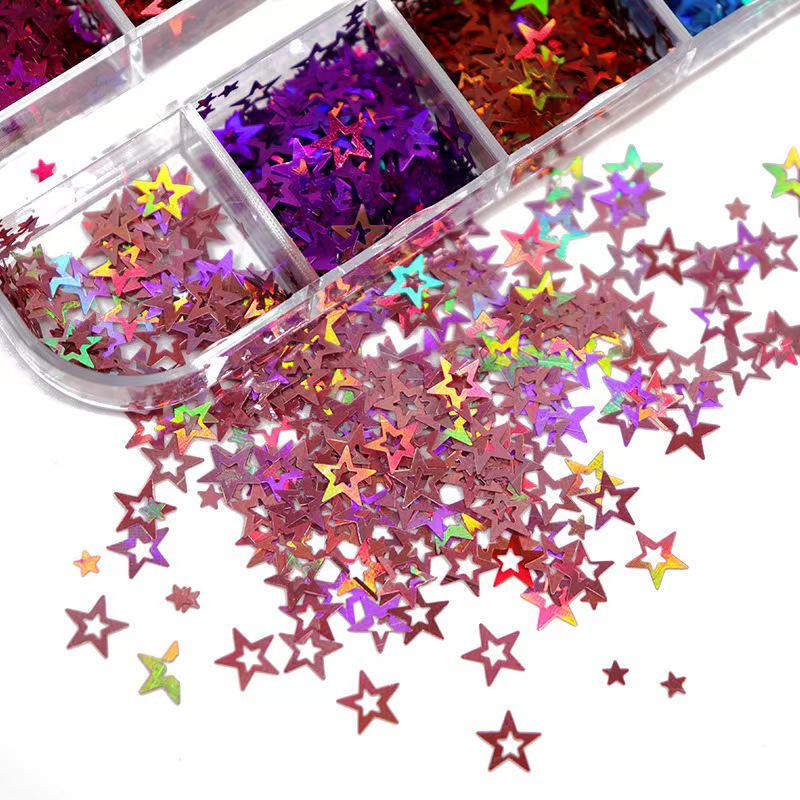 12-Color Star Sequin Nail Stickers - Laser Hollow DIY Art Material