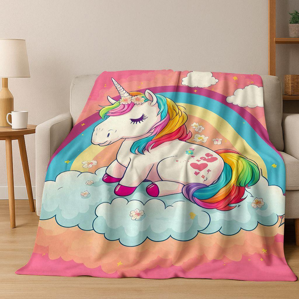 Kreslený duhový jednorožec Elfové Dívka Dárek Flanelová deka, Útulná měkká přehozová deka pro domov Ložnici Postel Pohovku Piknikový potah Děti