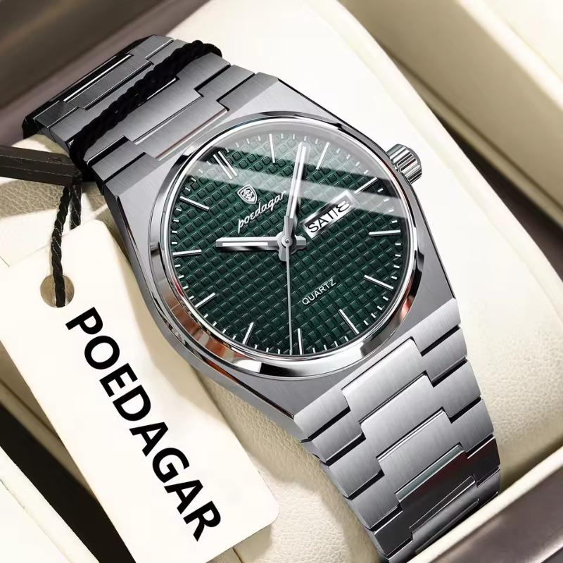 POEDAGAR Luxury Business Men's Quartz Watches Date Week Man Stainless Steel Watch Waterproof Luminous Fashion Wristwatch+Box