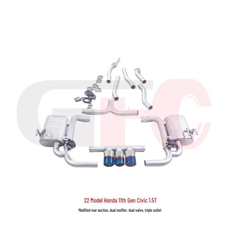 

Compatible Exhaust: 2022+ Honda 11th Gen Civic 1.5T - Dual Muffler/Valve, Triple Outlet Upgraded exhaust pipe with triple outlet