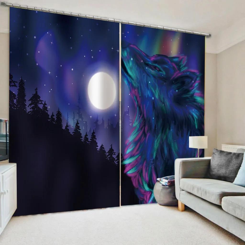 3D Wildtier Wolf Rund Glänzender Mond Günstige Fenstergardinen Jalousien Für Wohnzimmer Kinder Schlafzimmer Badezimmer Küche Tür Heimdekor2