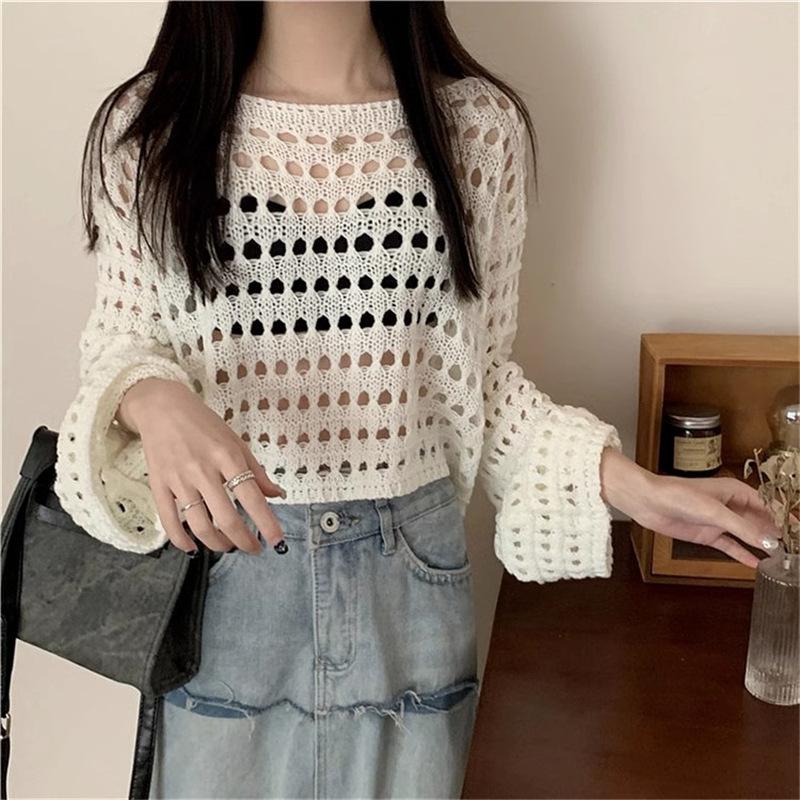 Summer loose lazy horn sleeve air-conditioning shirt hollow thin breathable blouse grid short knitted top women