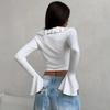 Ruffle Edge Splicing Lace-up Short Shirt Sexy Strap Tie Spicy Girl Top Long Sleeved Solid Color Falred Long Sleeve T-shirt Streetwear Slim Fit Blouse