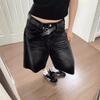 RogueWave Y2k Retro Kadın Düşük Bel Jorts Fırçalanmış Siyah Yıkama Crop Bol Jean Geniş Paça Püsküllü Denim Şort Acubi Moda
