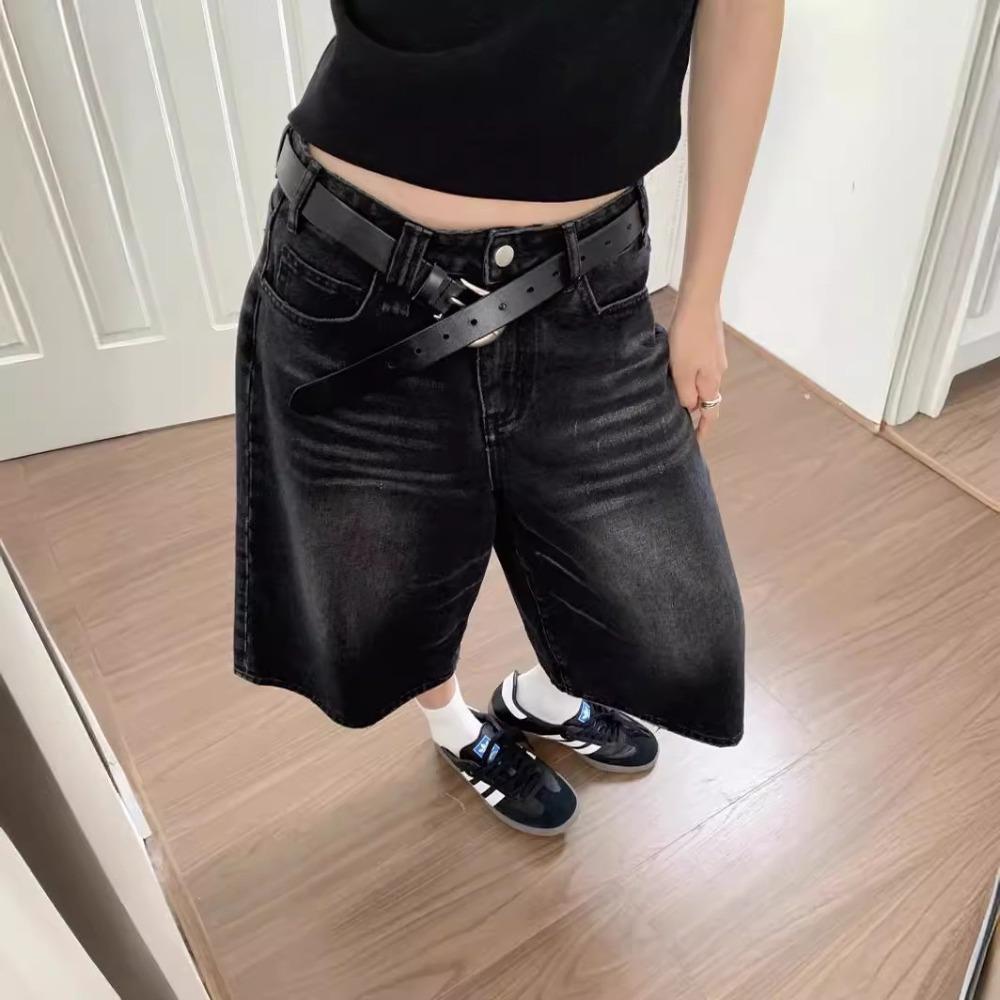 RogueWave Y2k Retro Women Low Rise Jorts Brushed Black Wash Cropped Baggy Jeans Wide Leg Frayed Denim Short Pants Acubi Fashion