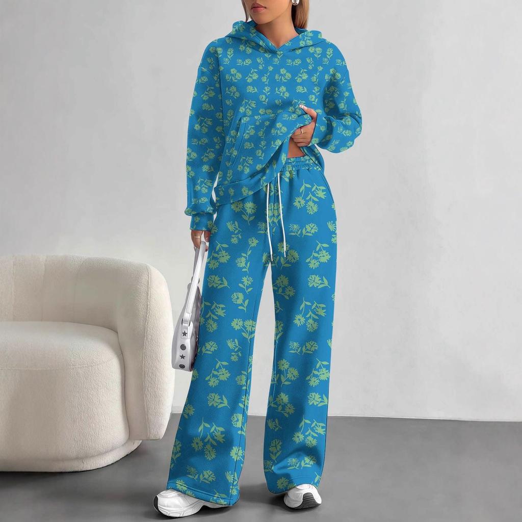 Pink Cherry Print European and American Autumn and Winter Casual Long-sleeved Suit Women's Hooded Sweater Trousers Two-piece Set