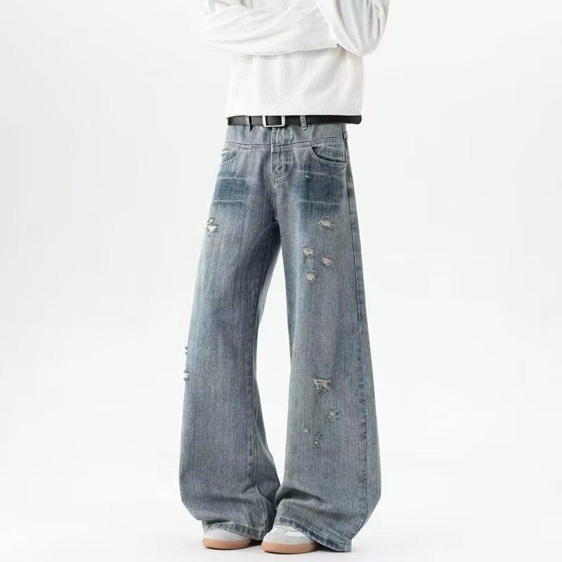 American niche design vibe retro pants men loose straight trend ink splashing wide leg jeans men