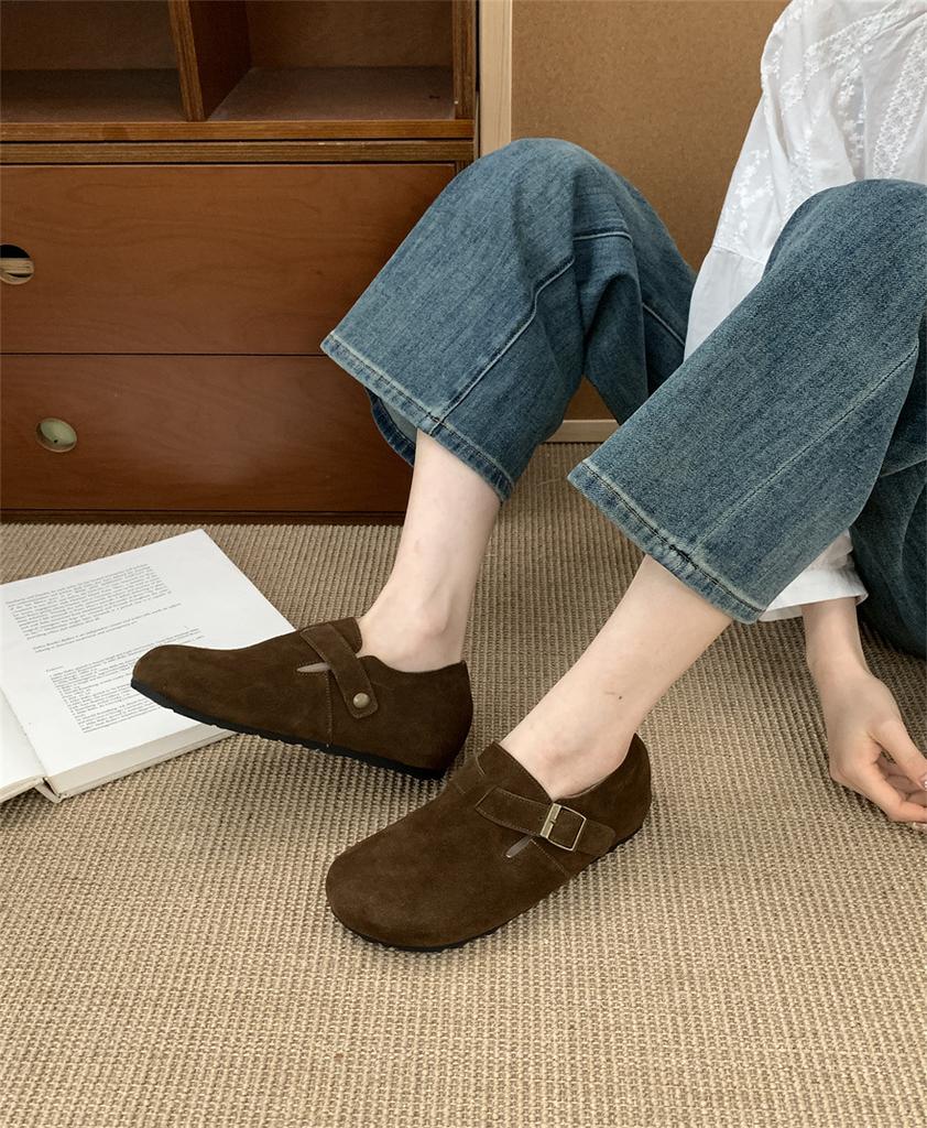 2025 Autumn and Winter New Leather Cow Velvet Outer Wear Full Bag Head Loafer Half Slippers Flat Bottom Loafer Single Shoes Women