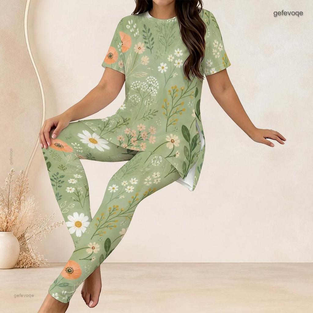Women Plus Size Two Piece Suit Crew Neck Short Sleeve Shirt Long Pants
