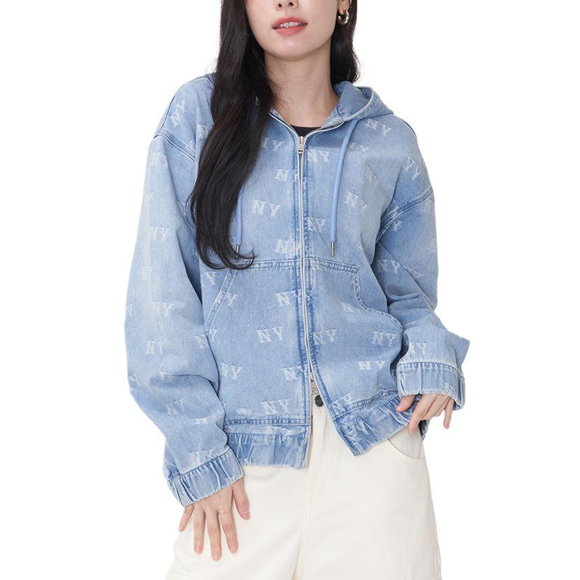 MLB Monogram New York Yankees Full Print Fashion Simple Loose Hooded Denim Jacket Unisex Jacket Light-Blue 3ADKM0251-50BLL