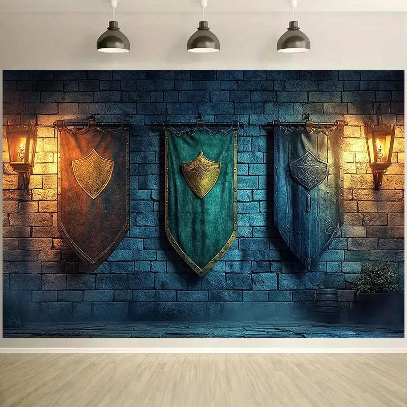 2D plane Century Castle wall background fabric with shield and stone brick design polyester fiber